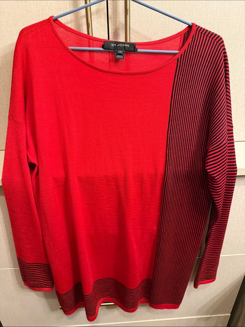 St. John Red Long-Sleeve Knit Top with Striped Panel